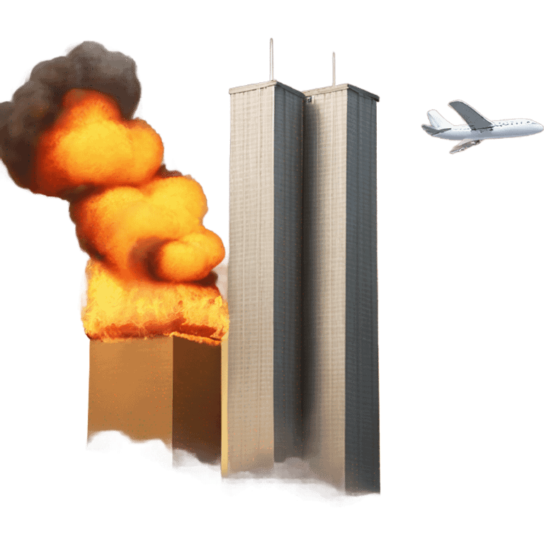 Two square towers on fire and an airplane in background emoji