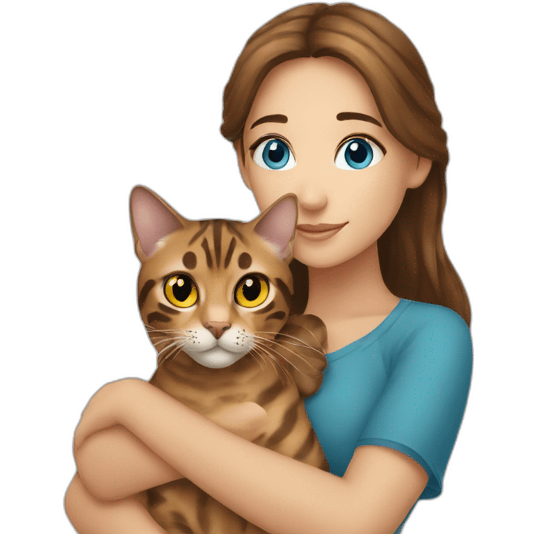 a beautiful girl with blue eyes and brown hair is holding a Bengal cat with yellow eyes in her arms emoji