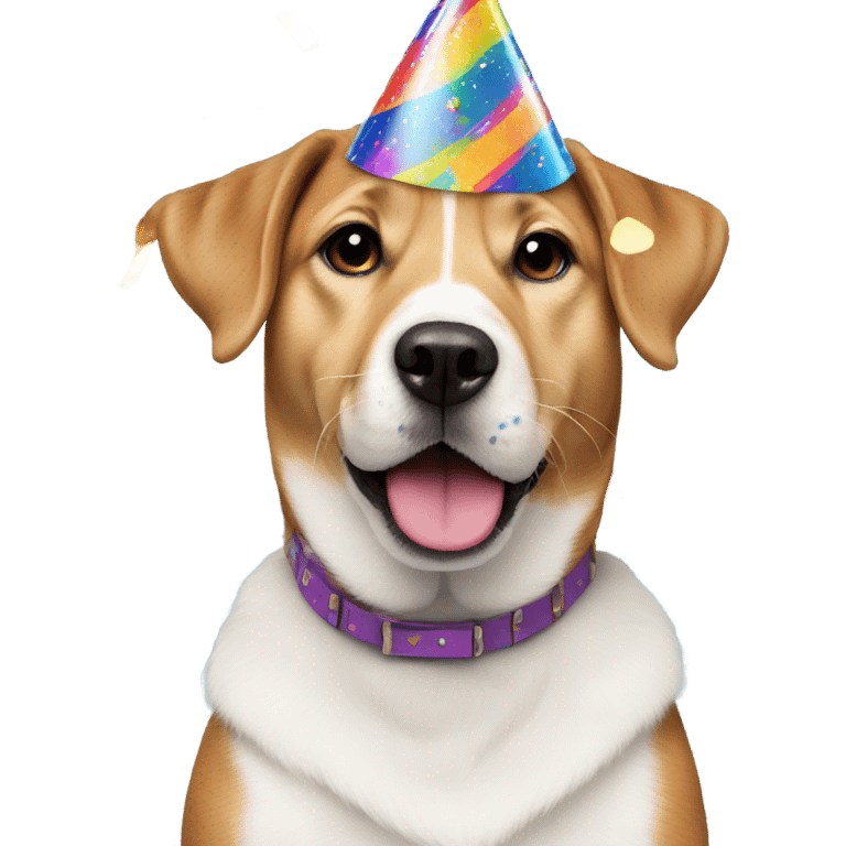 Cute dog wearing a birthday hat surrounded by confetti emoji