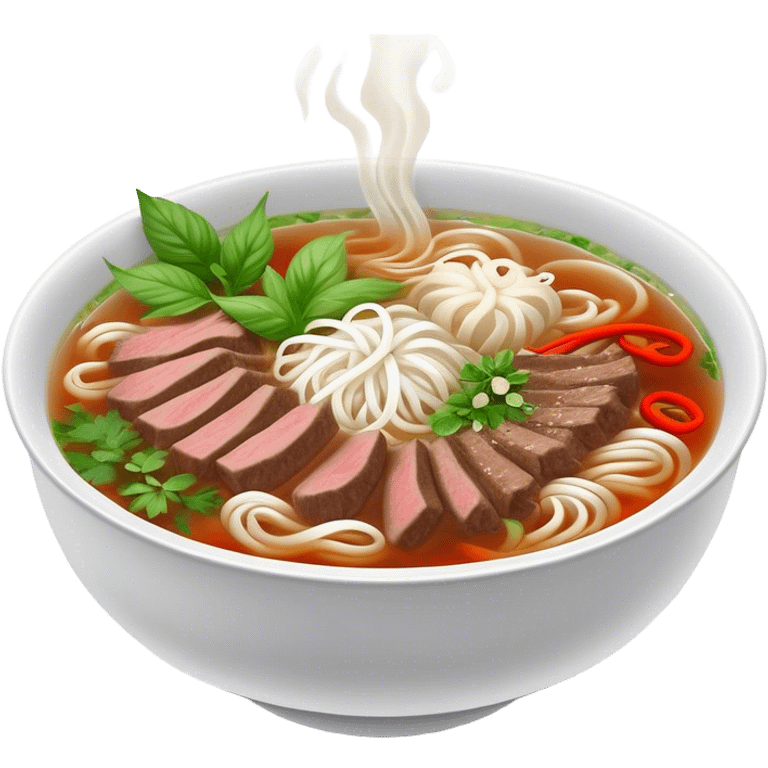 Cinematic Realistic Pho Dish Emoji, depicted as a steaming bowl of aromatic beef noodle soup with herbs rendered with lifelike textures and vibrant, warm lighting. emoji