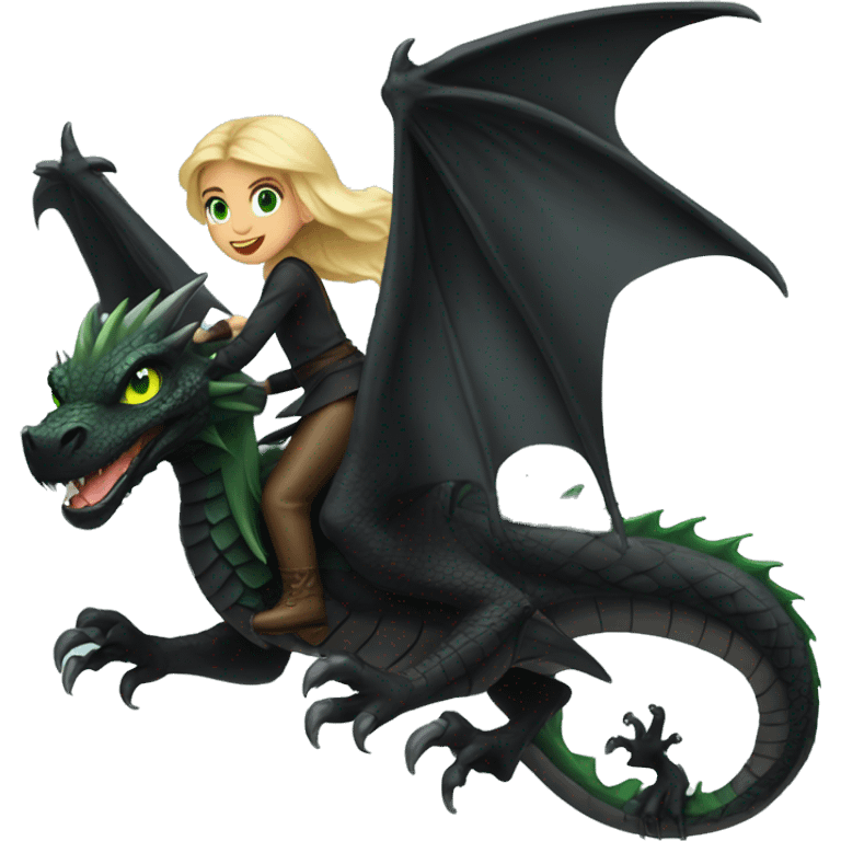 blonde haired green eyed girl riding a full size black dragon with wings emoji