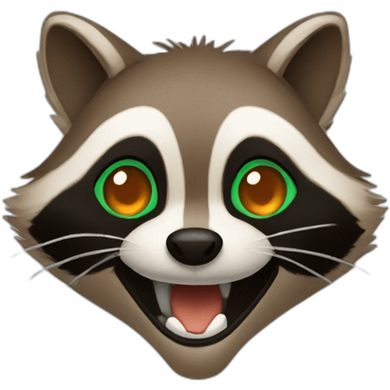 brown raccoon with orange eyes and a dark green hood that is laughing emoji