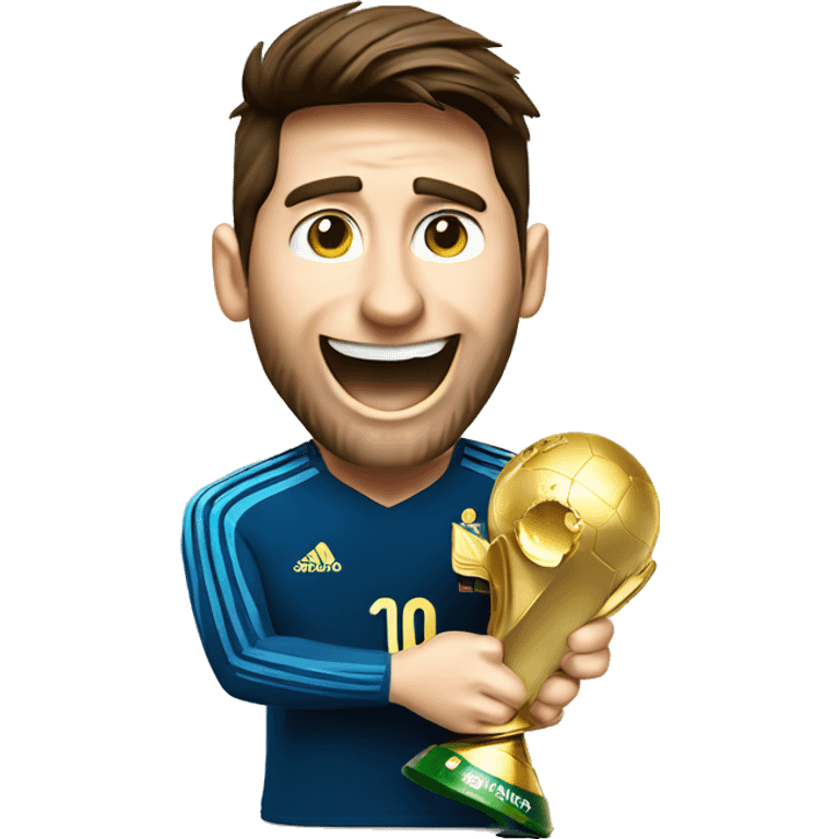 Messi wining world cup trophy with a happy face emoji