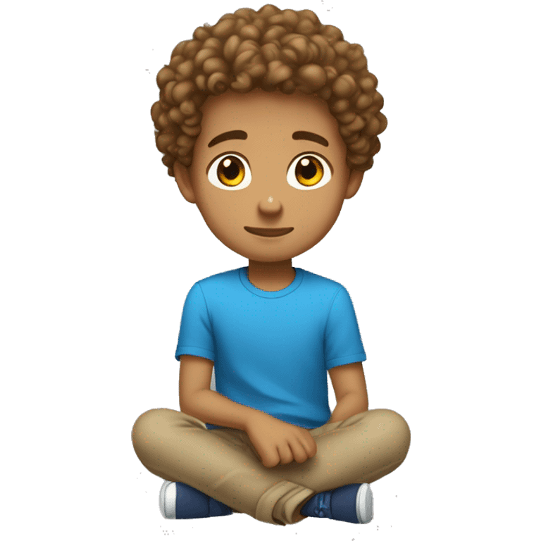 boy with blue shirt light skin and light brown curly hair sitting down facing to the right full body emoji