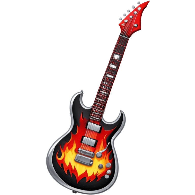 Create a bold and powerful emoji representing rock vocal performance in a humanless collage. The design should feature a vintage microphone at the center, surrounded by a heavy, aggressive hardcore electric guitar with sharp, jagged edges. Include crossed drumsticks behind the guitar, symbolizing the intense rhythm of rock music. Add fiery elements like flames or lightning bolts to enhance the raw energy of the design. Use dark, bold colors like black, red, and silver, with metallic or chrome accents to reflect the rebellious, hard-hitting nature of rock. The background should be transparent. emoji