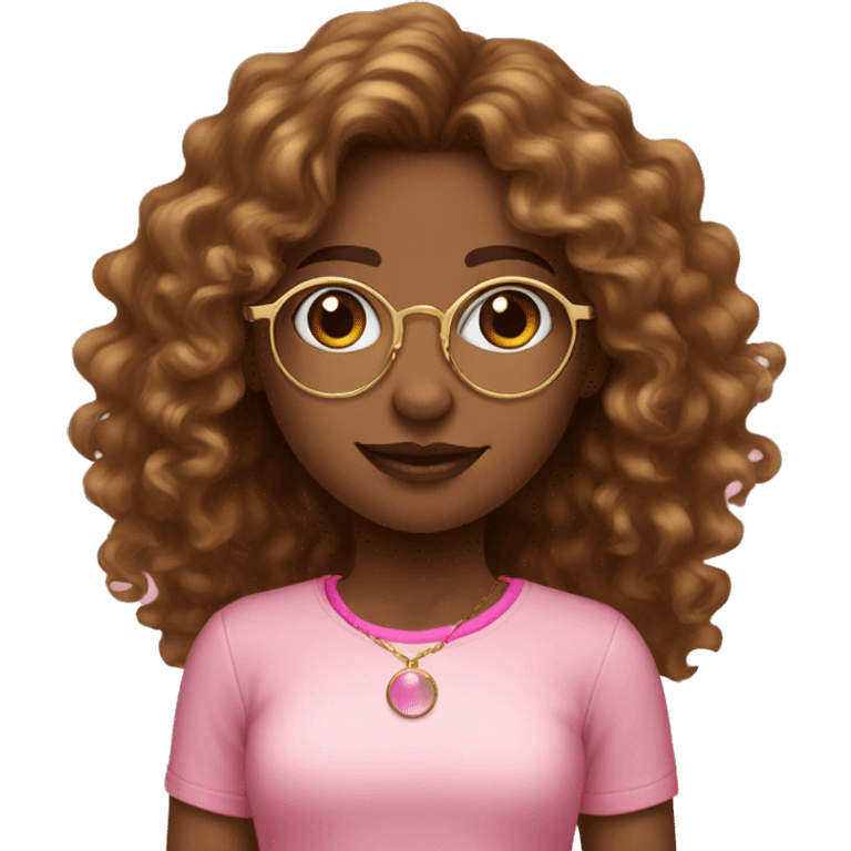 girl with long brown curly hair brown skin gold circular glasses pink shirt jewelry emoji