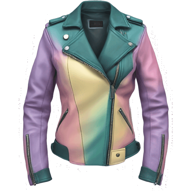 Realistic isolated side view of a pastel purple,dark teal,pastel yellow and pastel pink ombre open military style leather fashion jacket. emoji