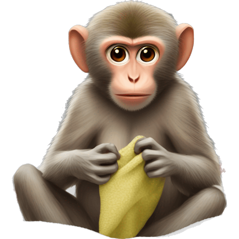 A macaque eats a synabon with a Christmas blanket emoji