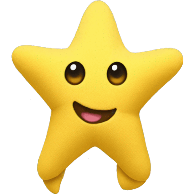 A plush toy that looks like a yellow star with arms and legs. The face is cartoony. emoji