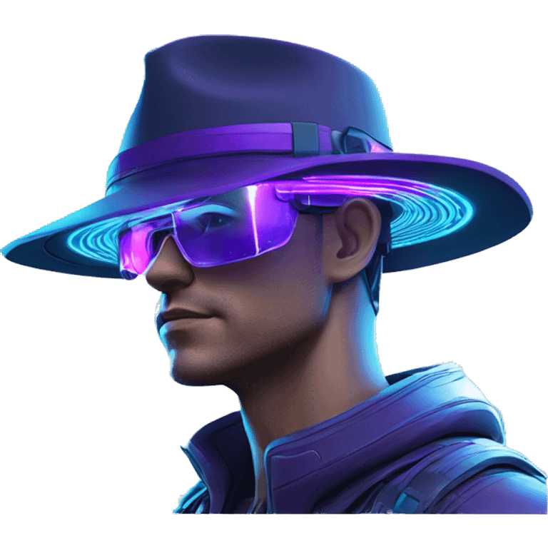 Secret human agent in a hat with  cyberpunk elements in Apple VR googles headset scanning looking reviewing multicolor lines of code, cyan and purple colors, only upper body portrait emoji