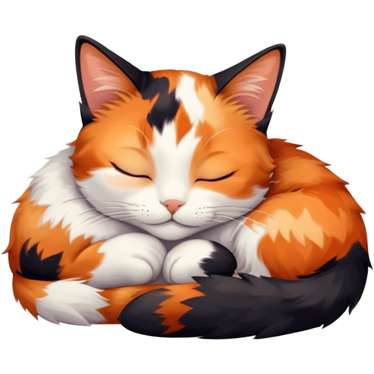 Meme-Worthy Cute Sleeping Calico Cat Portrait Emoji, Head resting peacefully with a content, gentle smile and softly closed eyes, featuring a delicate patchwork fur in vibrant orange, black, and white hues, simplified yet irresistibly endearing, highly detailed, glowing with a soft, drowsy radiance, high shine, exuding relaxed and utterly lovable charm, styled with a gentle, soft glowing outline, capturing the essence of a sleeping calico cat that appears destined to become a viral icon of adorable rest! emoji