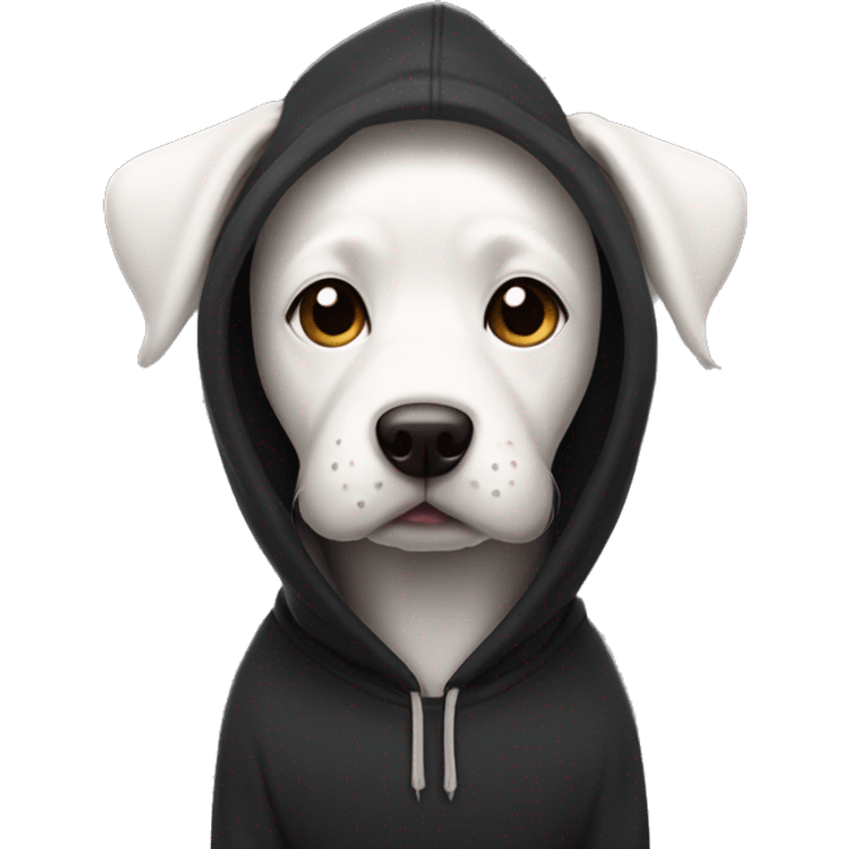 White dog wearing black hoodie with hearts  emoji