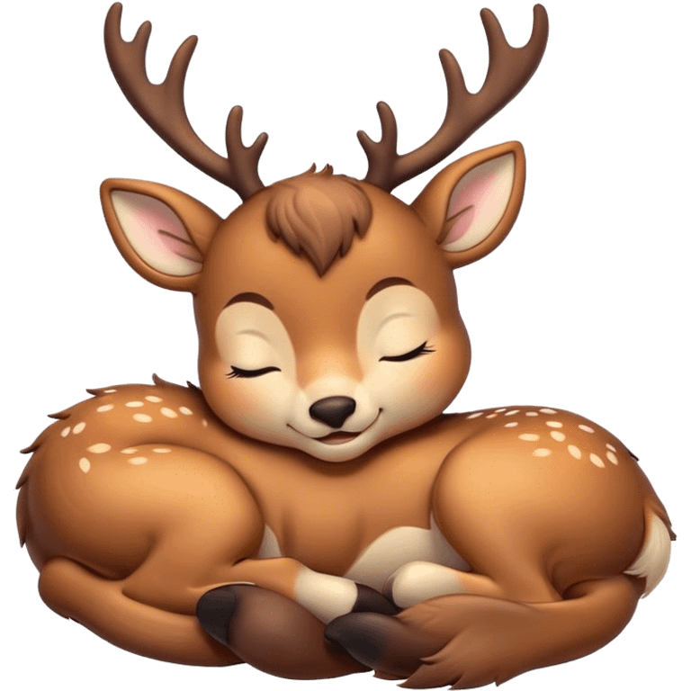 Meme-Worthy Cute Sleeping Deer Portrait Emoji, Head resting peacefully with a contented smile, showcasing a delicate, slender build and a luxuriously soft Fur, eyes shut in a serene, restful nap, Simplified yet hilariously adorable features, highly detailed, glowing with a soft, drowsy light, high shine, relaxed and utterly lovable, stylized with an air of playful laziness, bright and heartwarming, soft glowing outline, capturing the essence of a comically sleepy deer, so meme-worthy it feels like it could instantly become the next viral sensation of adorable woodland slumber! emoji