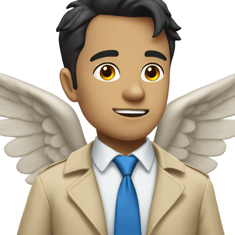 Male angel in a beige trenchcoat and blue tie, black hair, falling emoji