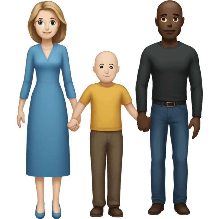 Tall bald black man holding hands with a white woman with long brown-hair and blue eyes emoji