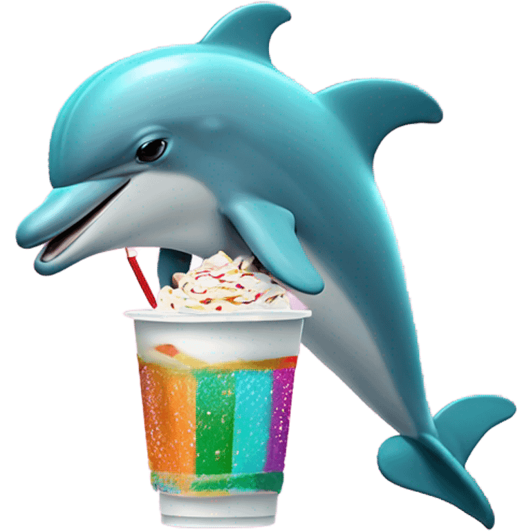 A dolphin in a Christmas sweater playing on a iPad while drinking a Frappuccino with arm bands on  emoji