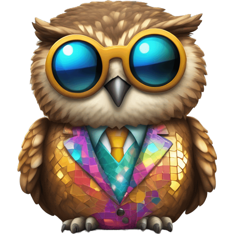 Cartoony chubby brown horned owl with sunglasses and colorful suit made of a disco ball  on emoji