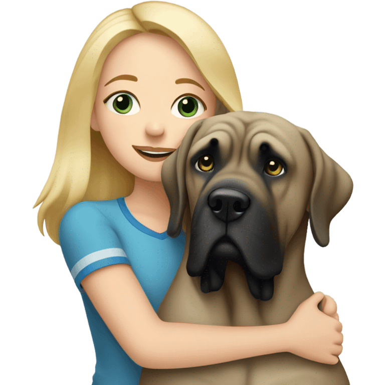 Blonde girl with blue eyes hugging a striped color english mastiff dog emoji