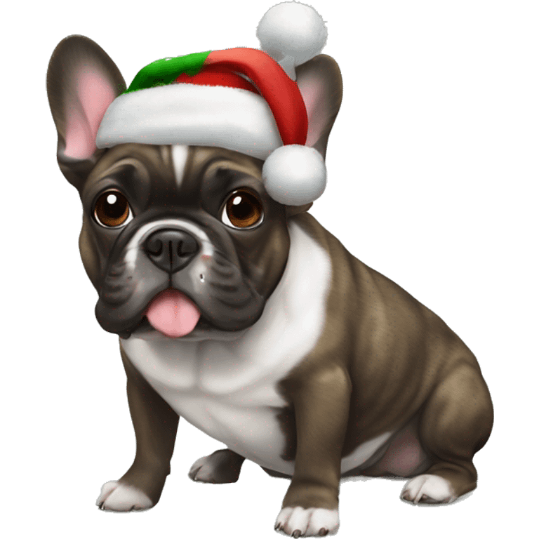 Brindle french bulldog wearing a Christmas hat emoji