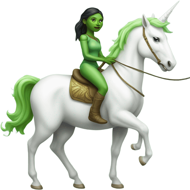 a green amazon alien woman on a four-legged white unicorn emoji