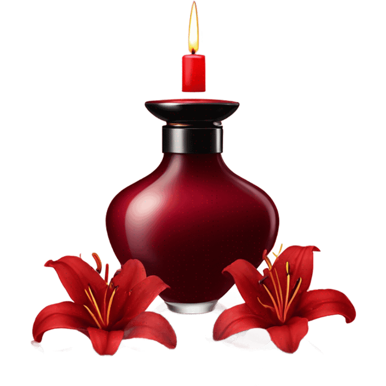 Dark red luxury perfume bottle with red lilies and a dark red candle emoji