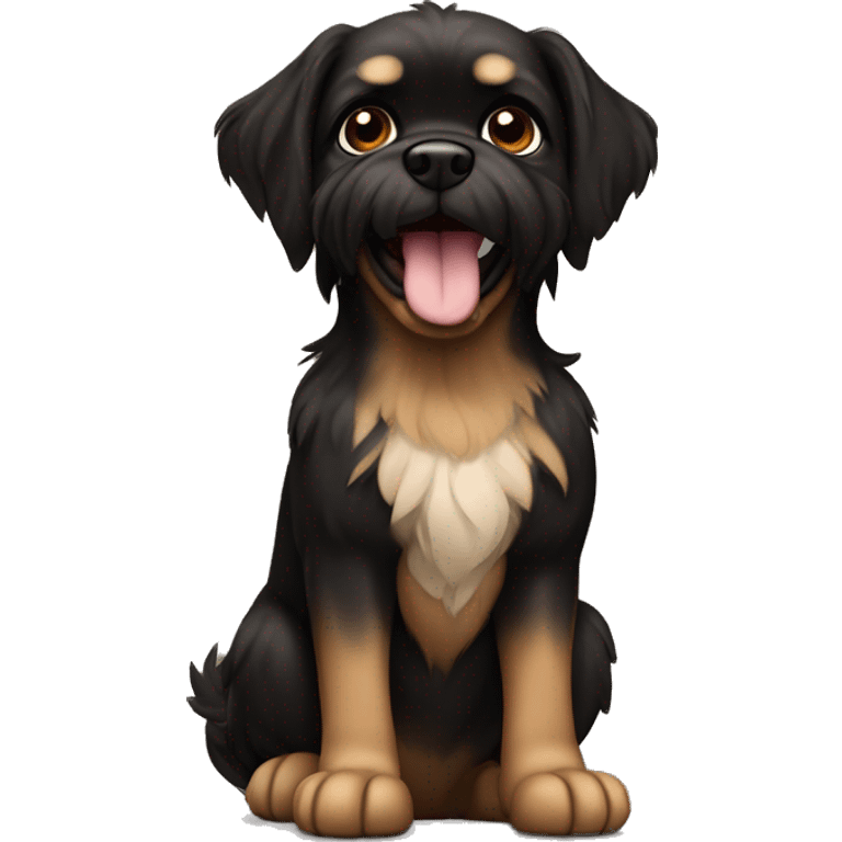 brabancon griffon dog, black with brown parts, sitting on the ground and smiling emoji