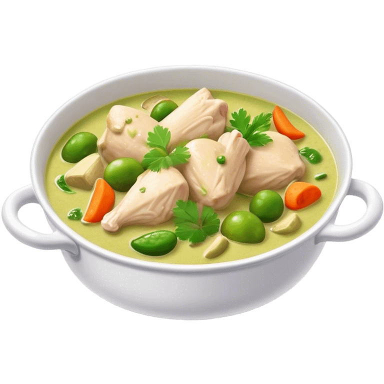 Green Chicken Curry Cinematic Realistic Green Chicken Curry Dish Emoji, depicted as tender chicken chunks simmered in a fragrant green curry sauce with vegetables, rendered with vivid textures and dynamic, vibrant lighting. emoji