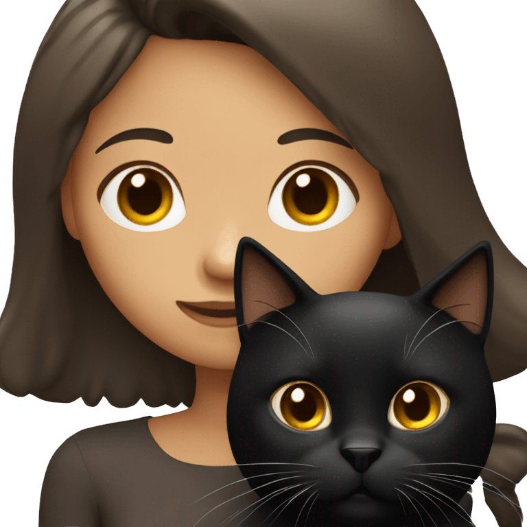 Tan girl with long dark hair holding a fluffy black cat emoji