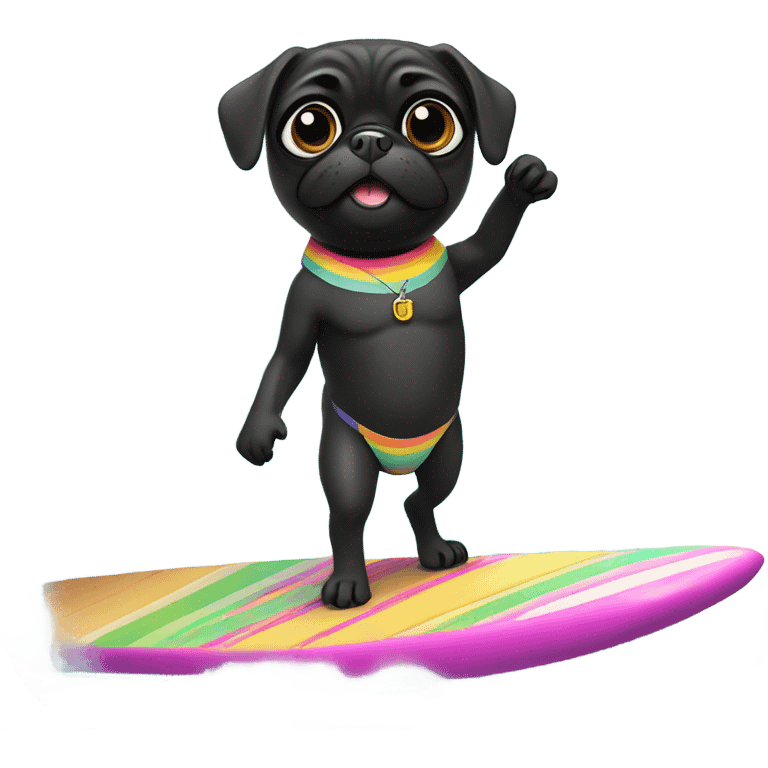 Black pug in bikini surfing in the ocean emoji