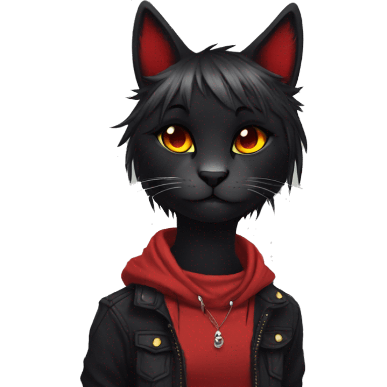 Anthro Edgy Cool Beautiful Black Cat-Fursona with Emo Hair-bangs with Red Streaks emoji