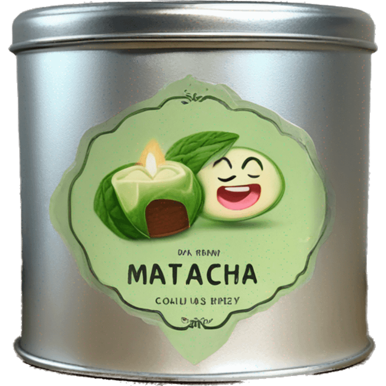 pretty matcha scented candle in silver tin with vintage label realistic emoji