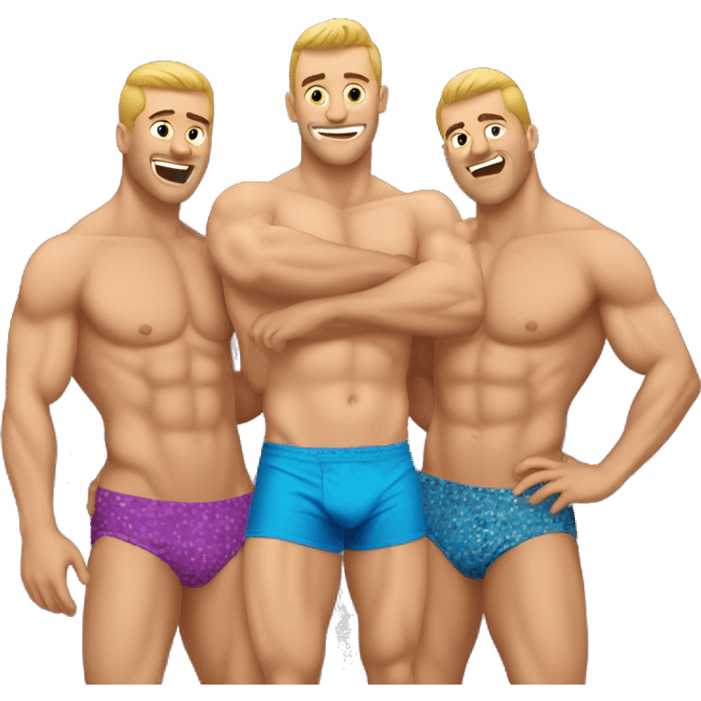 Caucasian Muscular gay men kissing wearing bikini emoji