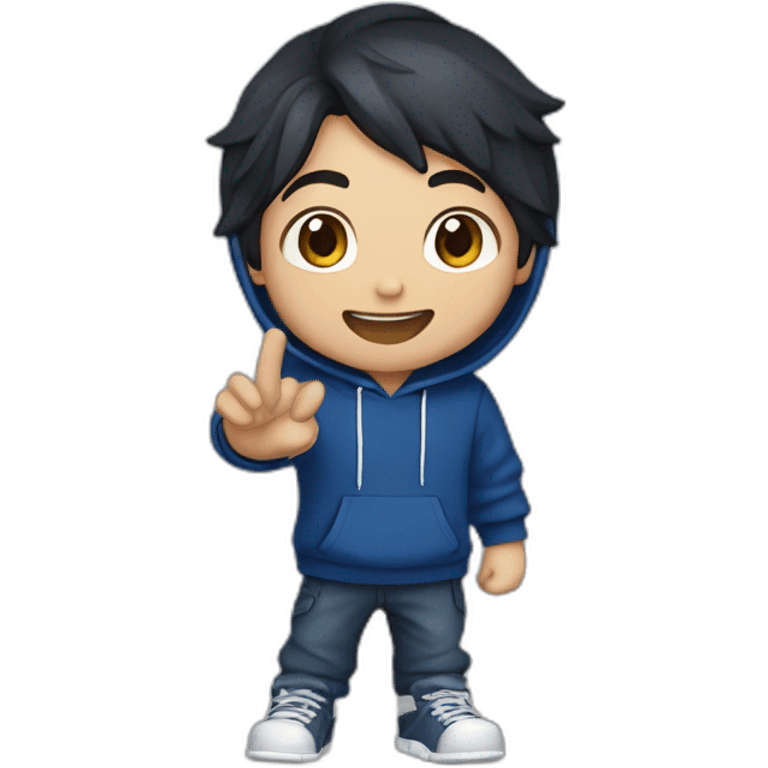 gamer boy with dark hair and dark brown eyes in dark blue hoodie waving hello emoji