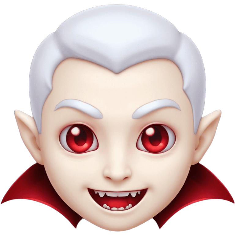 Cinematic Cute Vampire Portrait Emoji, with a refined yet playful small, rounded pale face accented by tiny, cute fangs and bright, twinkling eyes, sporting miniature elegant dark attire with a hint of crimson, simplified yet irresistibly charming, highly detailed with a soft glowing outline that captures the delightful duality of spooky sweetness and stylish allure! emoji