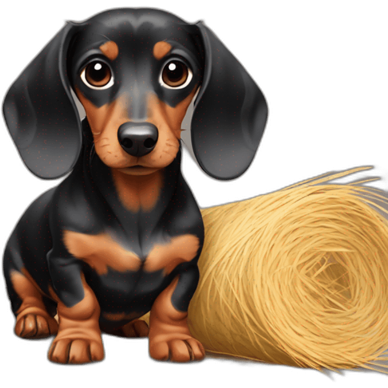 Very sad mini dachshund with a top hay emoji