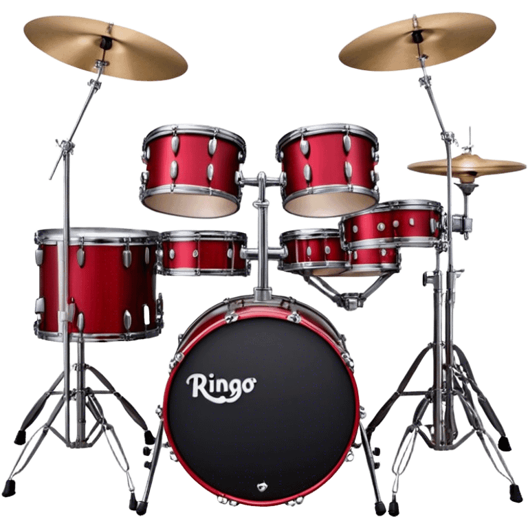 Create a bold and energetic emoji representing Ringo Starr's drum kit with two bass drums. The design should feature the iconic setup of two large bass drums positioned side by side, with snare drums, cymbals, and tom-toms arranged around them. The drums should have a sleek, professional look, with a vintage or classic finish that reflects Ringo Starr's famous style. Add subtle musical notes around the setup to symbolize rhythm and performance. Use colors like deep red, black, and chrome to emphasize the classic rock aesthetic of the kit. The background should be transparent. emoji