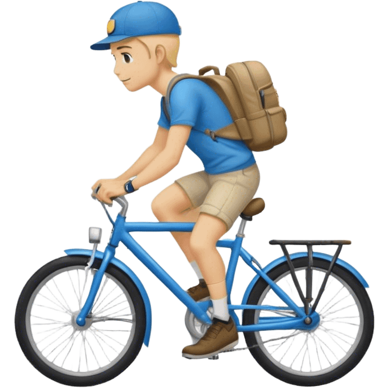 A blond guy in a cap and with a backpack on his back rides a blue bike emoji