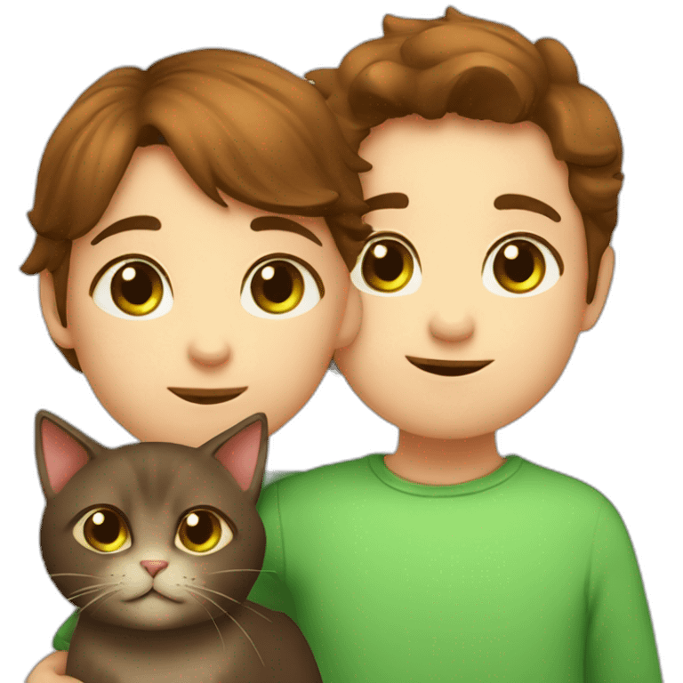 Girl with brown eyes and brown hair kisses boy with brown hair and green eyes and hugs brown fat cats emoji