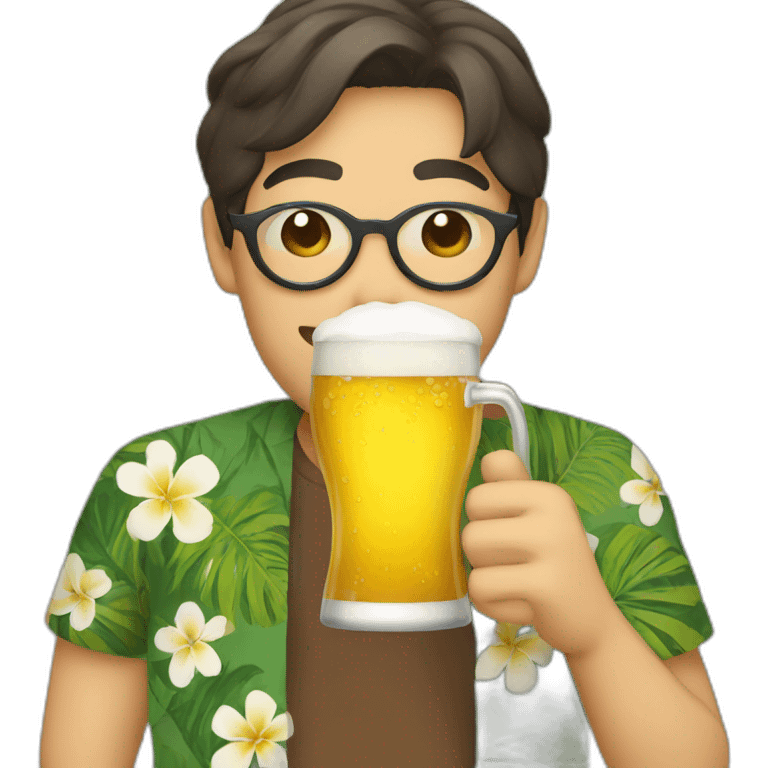 Japanese wearing roundglasses alohashirt is holding beer emoji