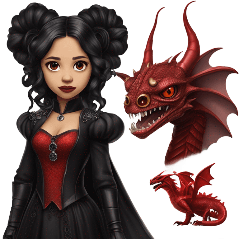 Lavish Victorian evening gown with gloves, Jenna Ortega as Addams girl Jedi wearing a steampunk mini tiara, standing next to a very large blood red evil-looking horned dragon emoji