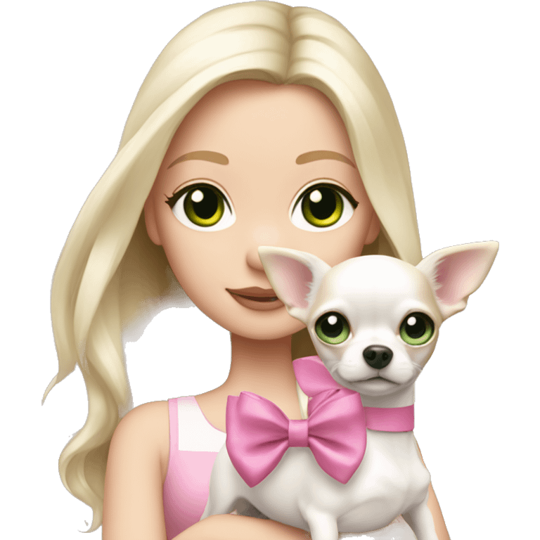 pale blond girl with long platinum hair with green eyes holding a white chihuahua puppy that wearing a pink bow emoji