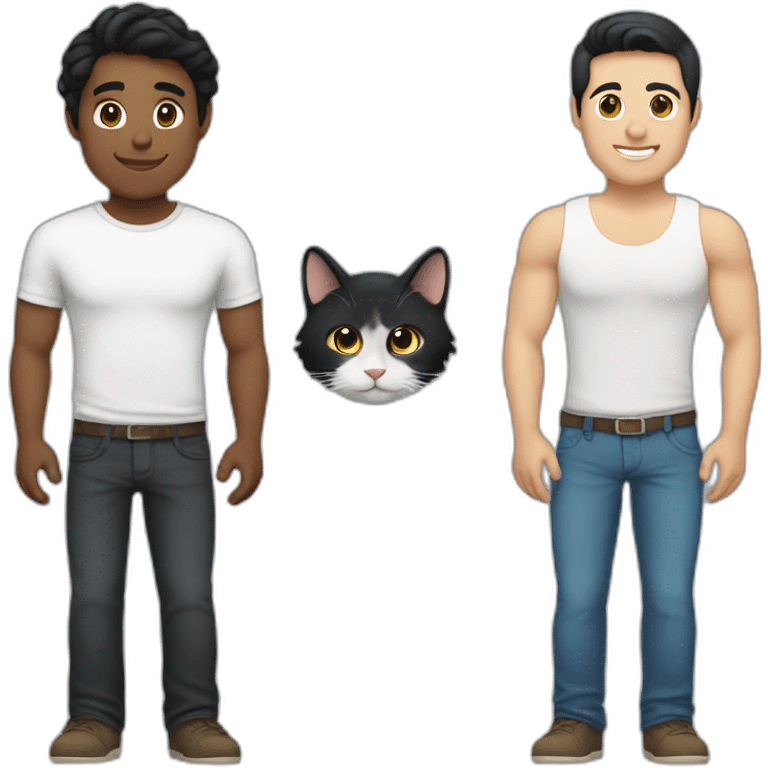 Gay couple, 1 guy Latino black straight black hair and 1 Australian white guy with blonde slightly curly hair holding a cat emoji