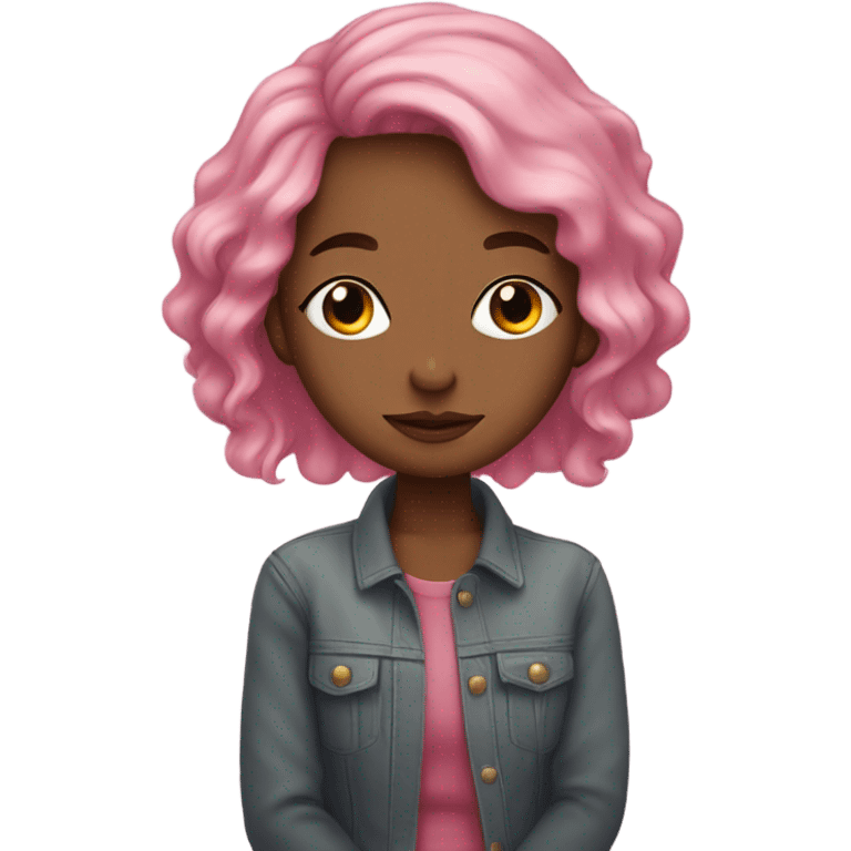 create a girl with pink hair, earrings, who hugs herself, her eyes are covered and her head is slightly bowed on her shoulder. The pose should reflect self-love emoji