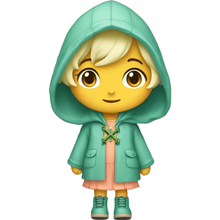 Cute little girl with light blue hair with peach skin, with yellow raincoat hooded with green boots holding a staff, with a cross necklace, Sanrio design emoji