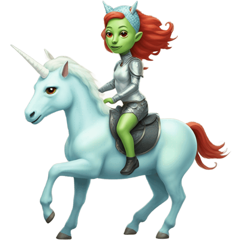 [politically incorrect
	{ woman: alien, color: light green, hair:red, eyes:cat} ]
	on a 
	[{ unicorn: white, legged:four, mane: light blue }] emoji