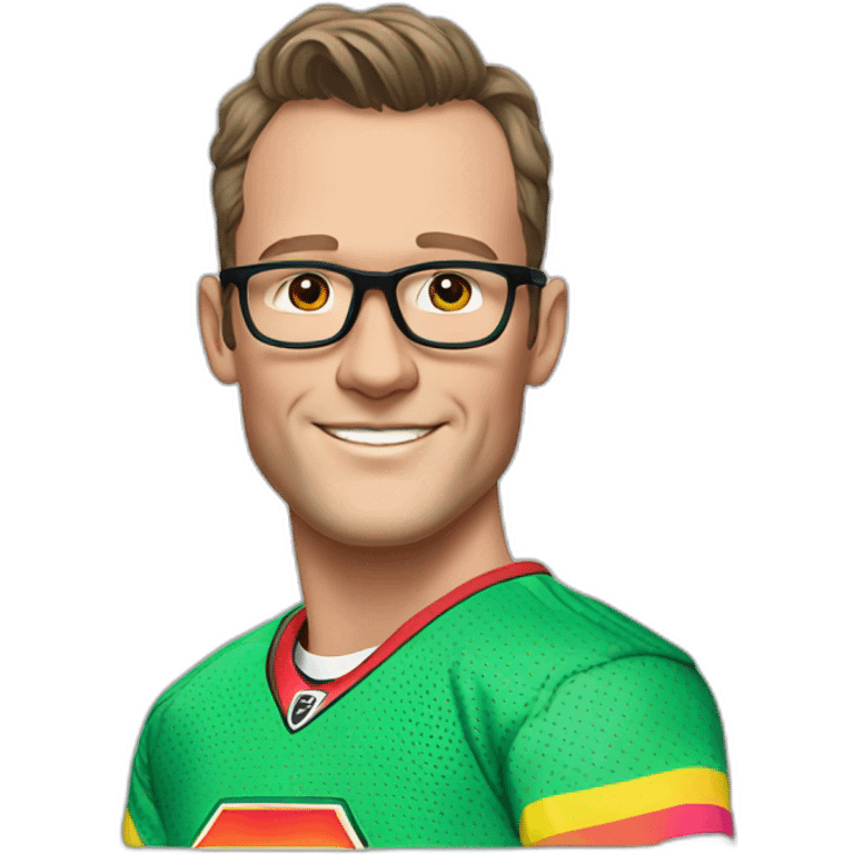 Jonathan Toews wearing glasses and rainbow clothes emoji