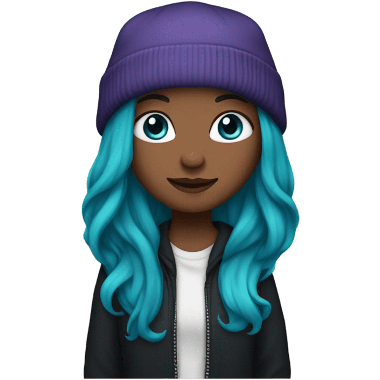 White girl, blue eyes, long teal hair, purple beanie hat, black hoodie, blue jeans, black shoes emoji