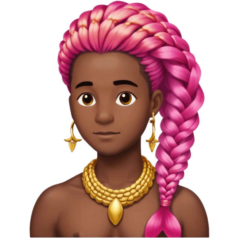 black gay man mermaid with gold jewellery, red pink ombré tail and box braids  emoji