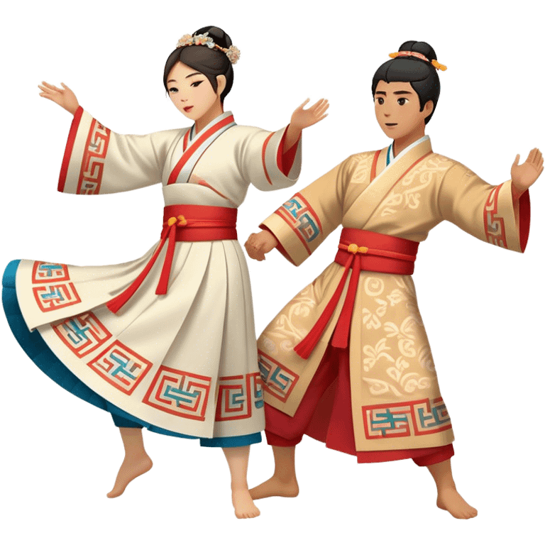 Cinematic Realistic scene of two performers engaging in Ganggangsullae, dressed in traditional Korean costumes with intricate patterns and graceful movements, illuminated by soft, festive lighting that accentuates the cultural ambiance emoji