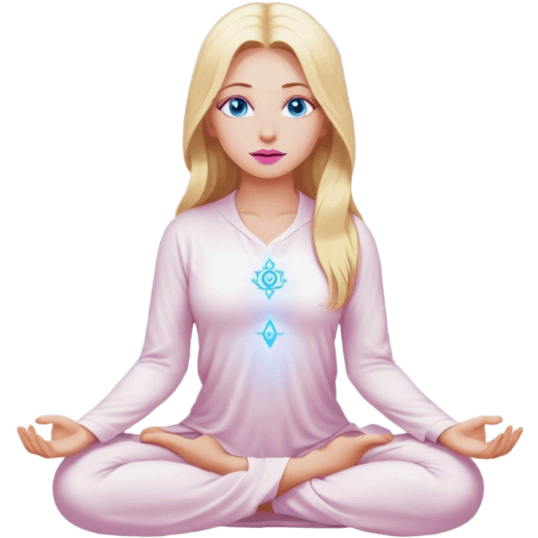 A cinematic realistic blonde with long hair, blue eyes, pink lips in white clothes meditates, her chakras glow emoji